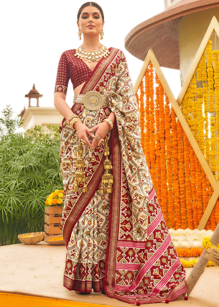 White & Brown Patola Printed Sik Saree