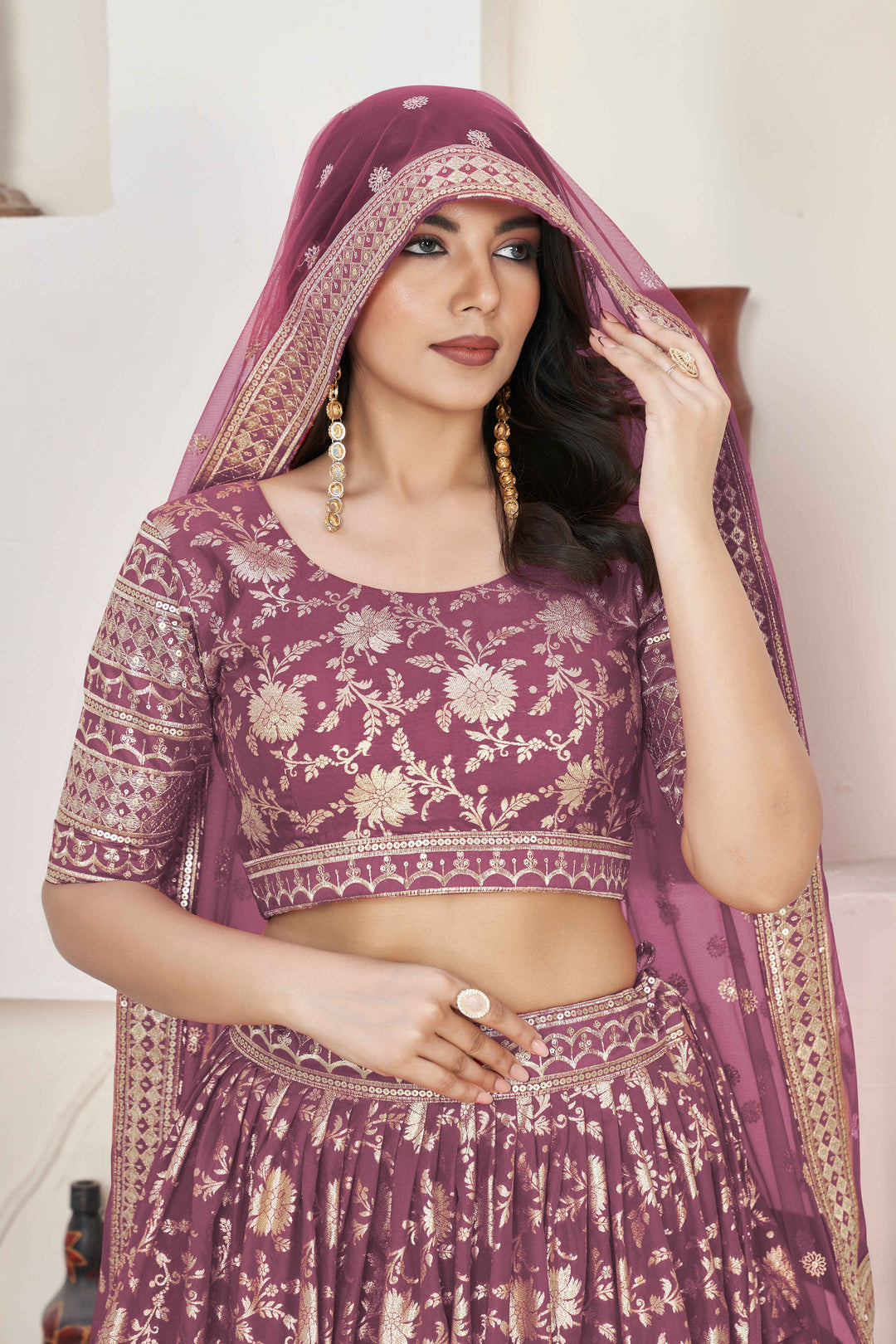 Beautiful Maroon Zari Work Jacquard Reception Wear Lehenga Choli