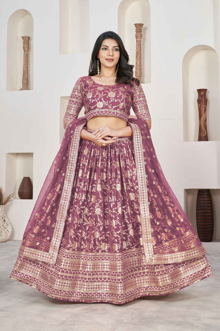 Beautiful Maroon Zari Work Jacquard Reception Wear Lehenga Choli