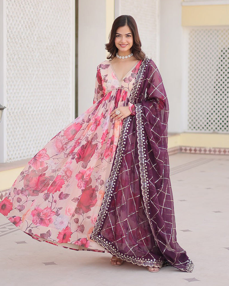 Purple-Pink Color Floral Embroidered Alia Cut Gown With Dupatta  - By Qivii