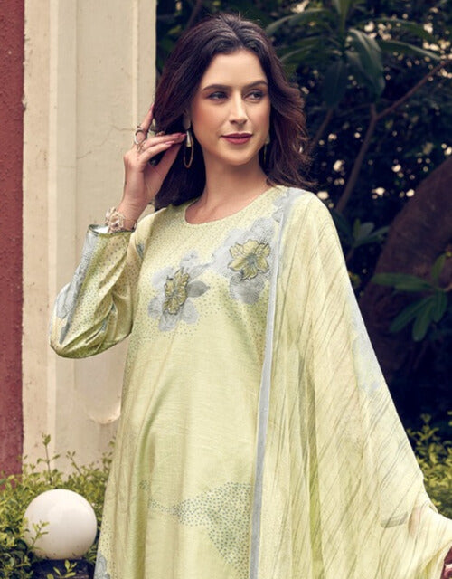 LIGHT YELLOW PURE LILEN WITH ECLIPSE WORK WITH DIGITAL PRINT SALWAR SUIT