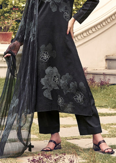 BLACK PURE LILEN WITH ECLIPSE WORK WITH DIGITAL PRINT SALWAR SUIT