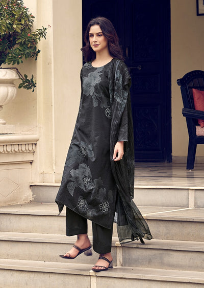 BLACK PURE LILEN WITH ECLIPSE WORK WITH DIGITAL PRINT SALWAR SUIT