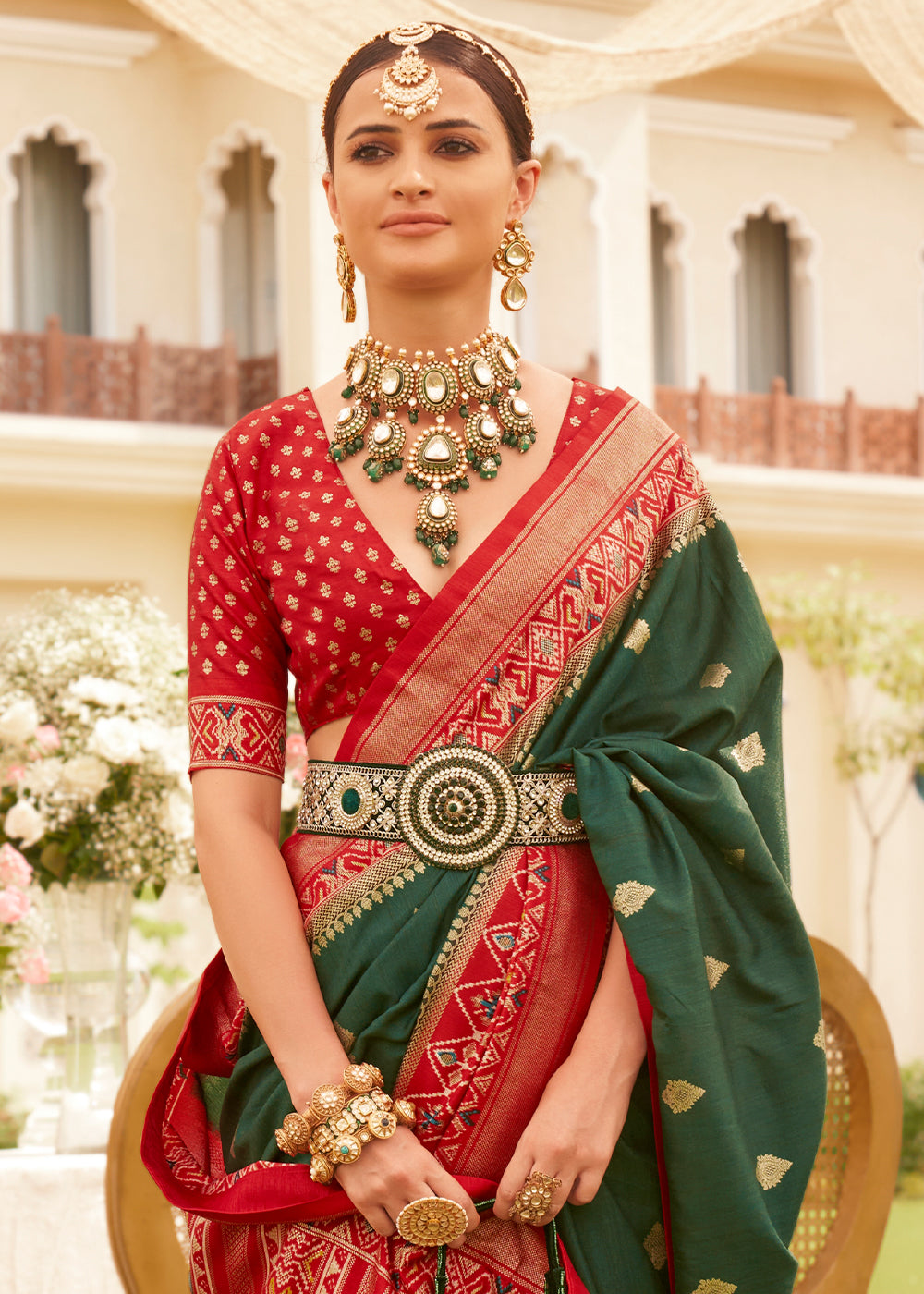 Red & Green Printed Patola Silk Saree