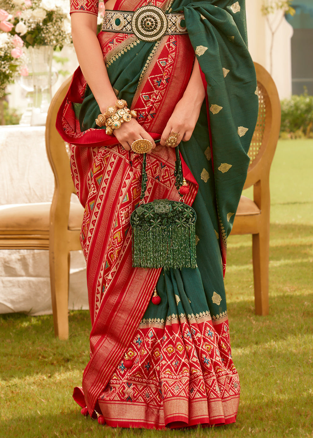 Red & Green Printed Patola Silk Saree