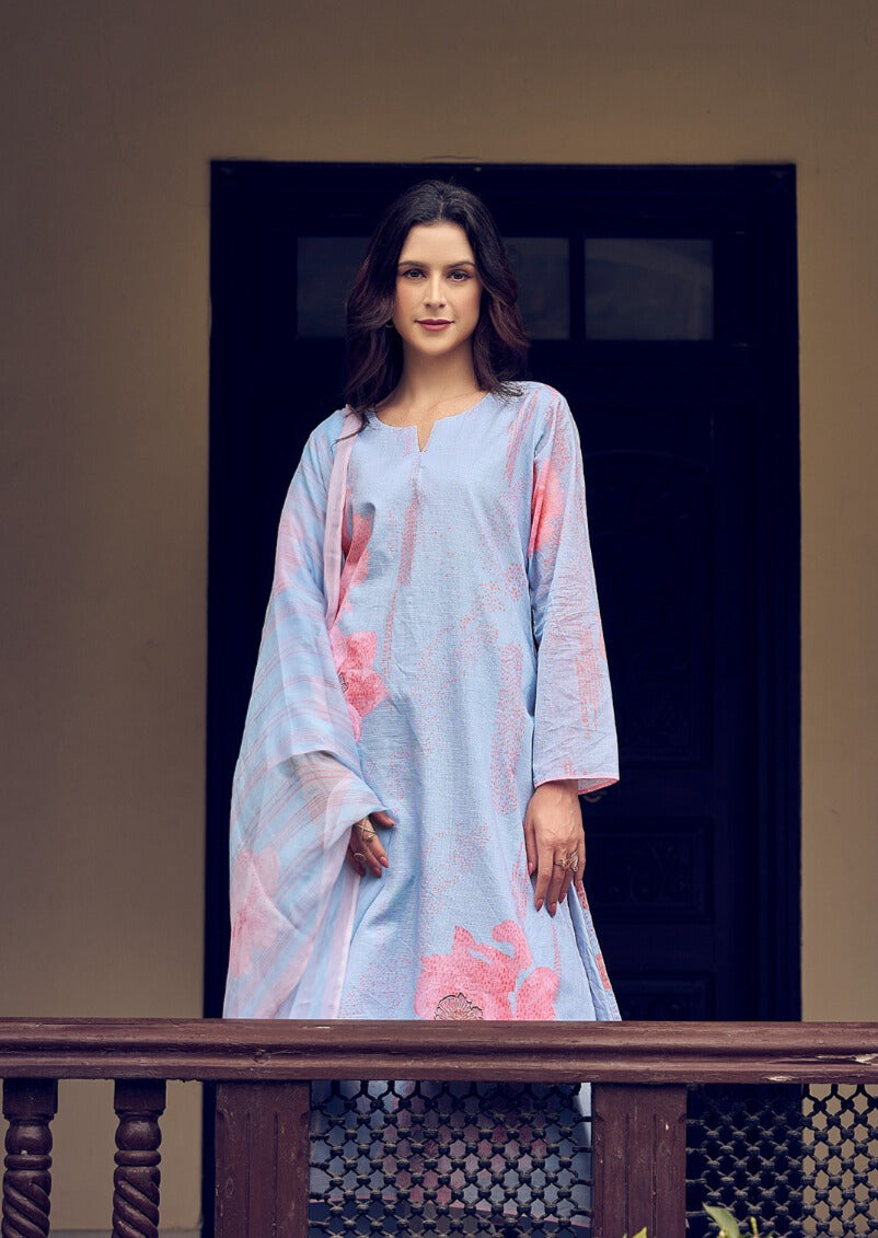 SKY BLUE PURE LILEN WITH ECLIPSE WORK WITH DIGITAL PRINT SALWAR SUIT