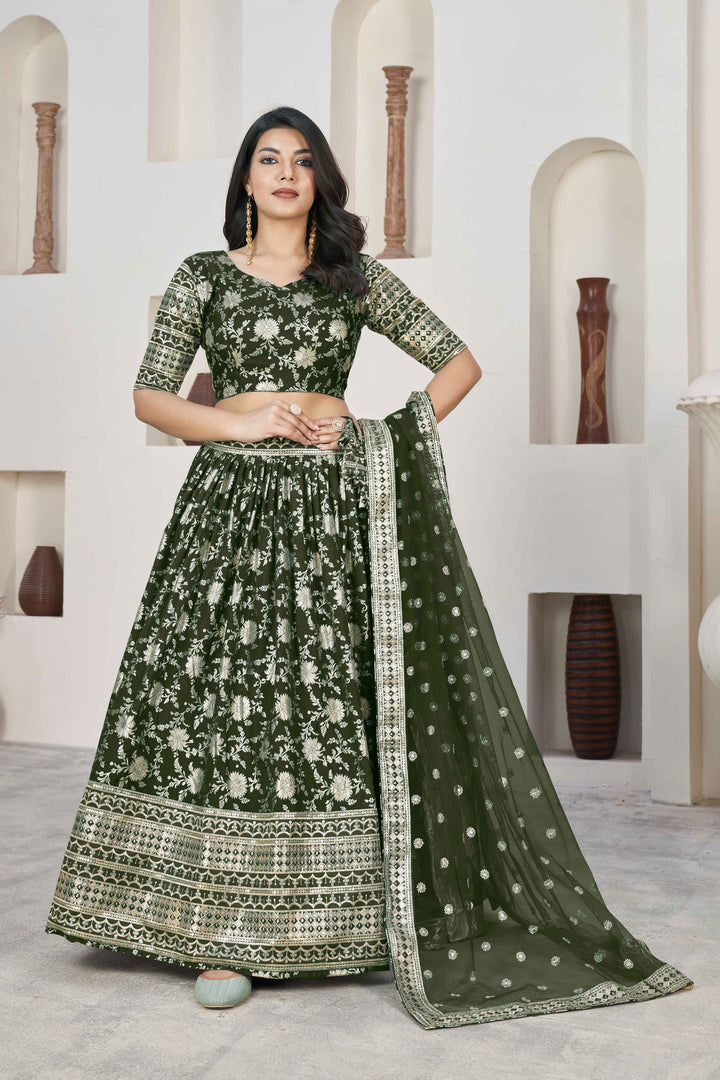 Beautiful Mahendi Zari Work Jacquard Reception Wear Lehenga Choli