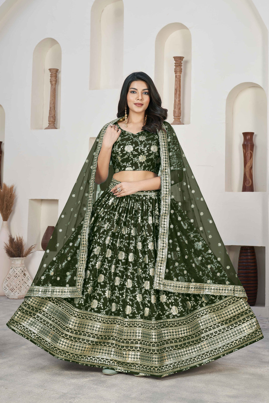 Beautiful Mahendi Zari Work Jacquard Reception Wear Lehenga Choli