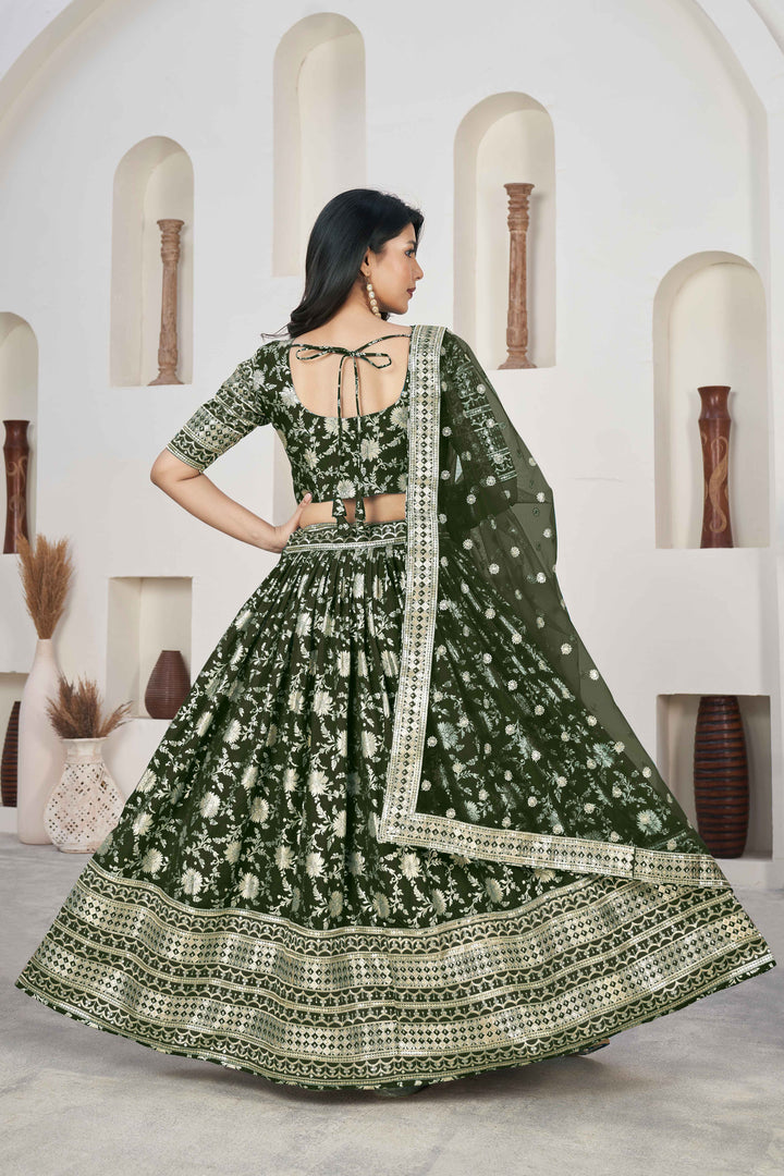 Beautiful Mahendi Zari Work Jacquard Reception Wear Lehenga Choli