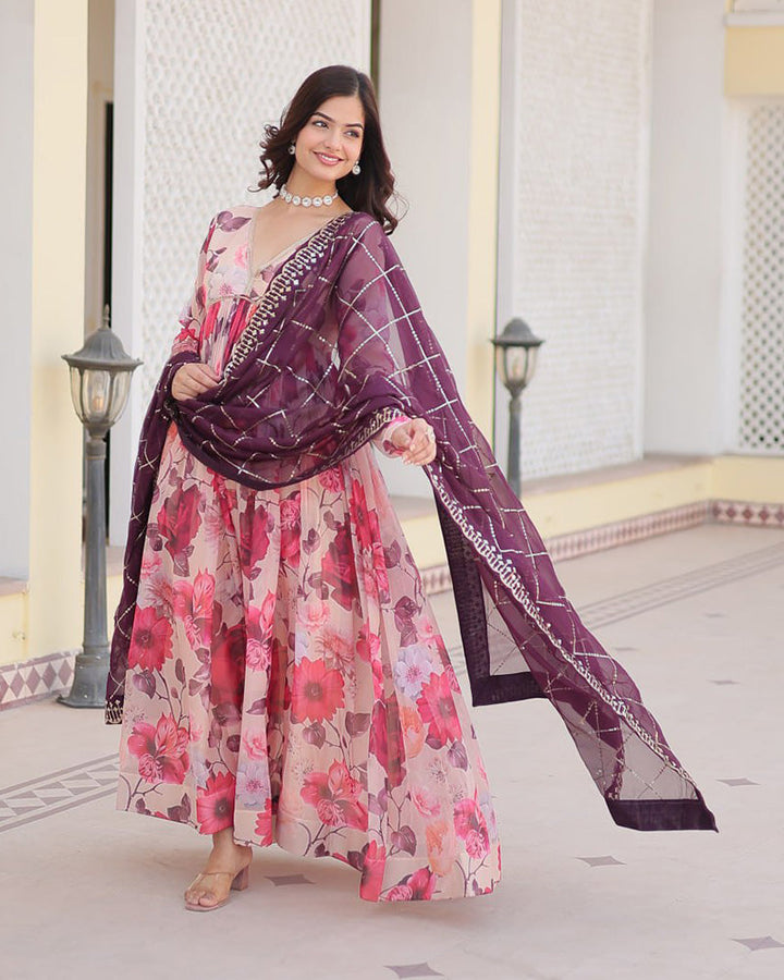 Purple-Pink Color Floral Embroidered Alia Cut Gown With Dupatta  - By Qivii