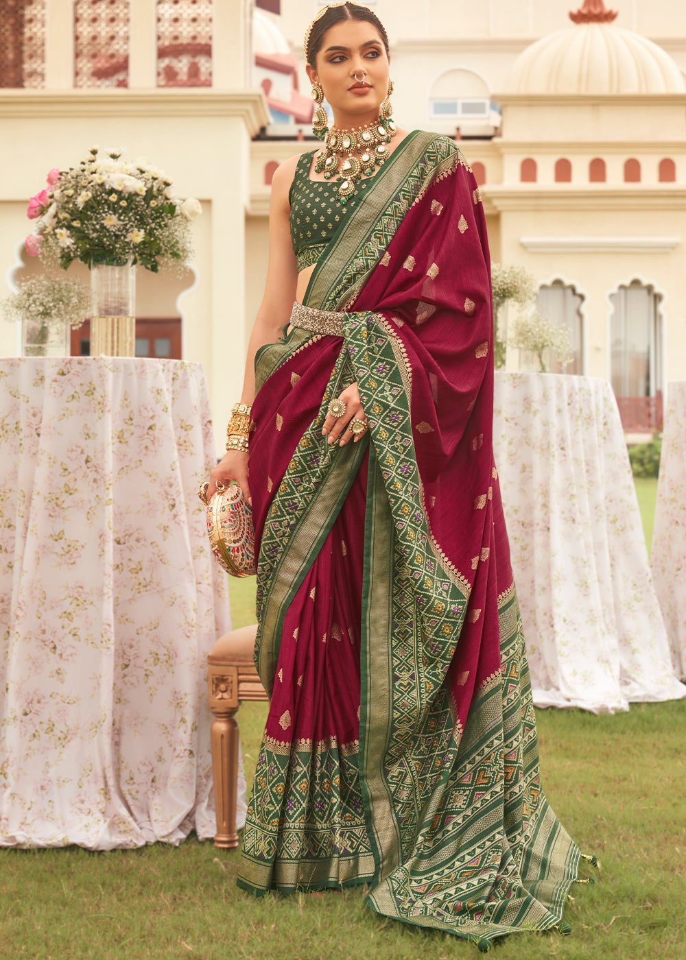 Crimson Red & Green Printed Patola Silk Saree - qivii