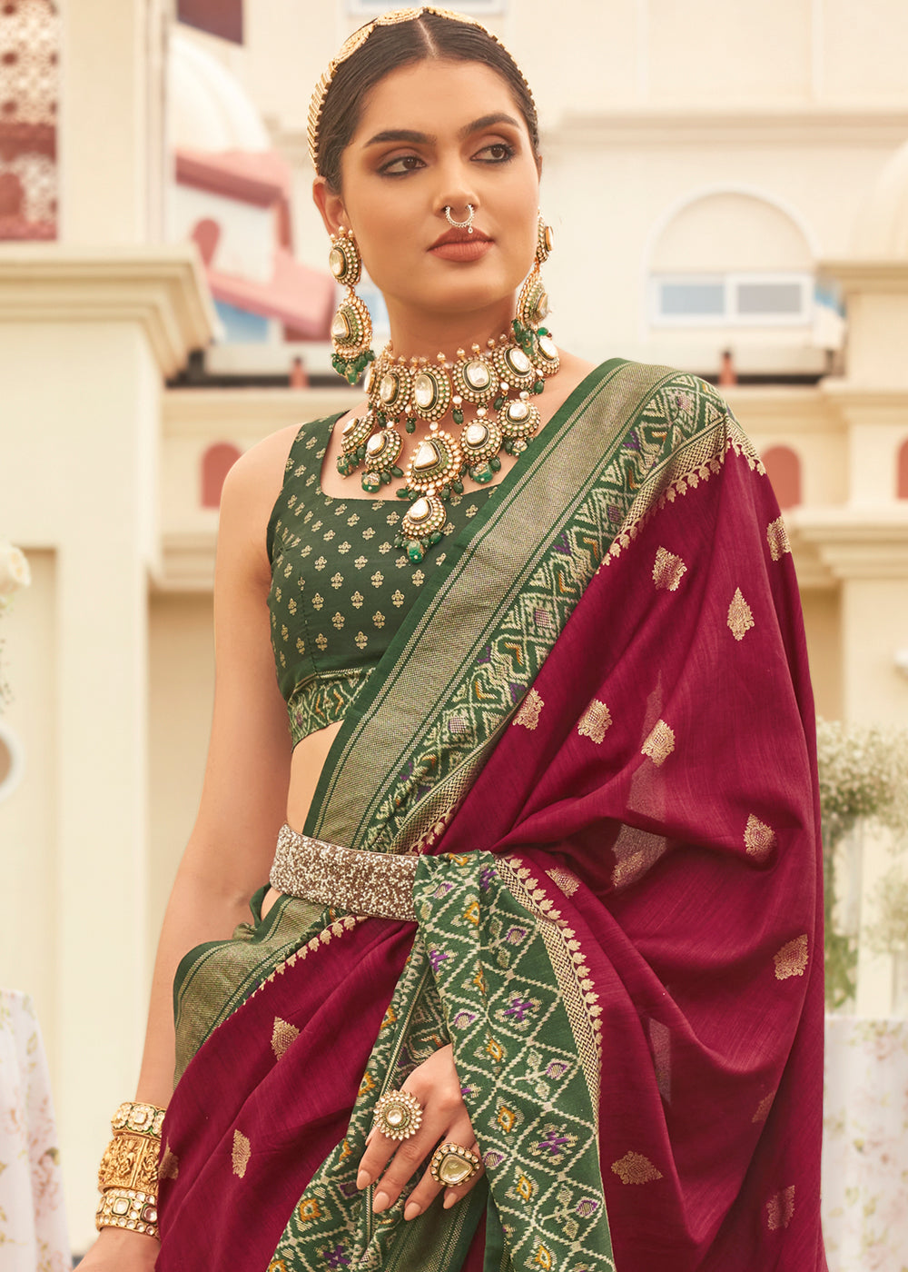 Crimson Red & Green Printed Patola Silk Saree