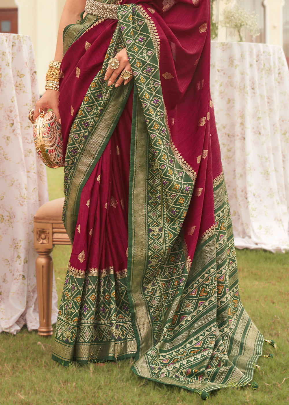 Crimson Red & Green Printed Patola Silk Saree - qivii