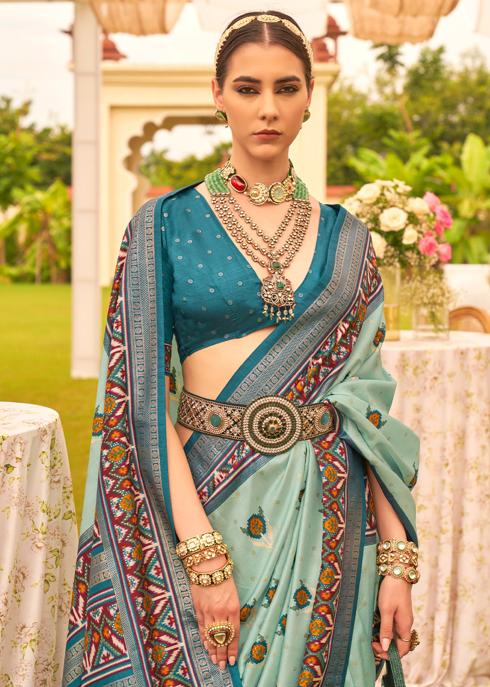 Shades Of Blue Printed Patola Designer Silk Saree