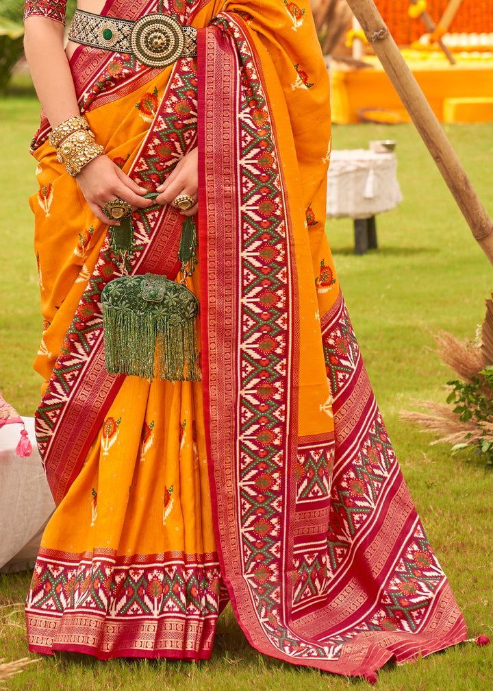 Saffron Yellow Printed Patola Designer Silk Saree