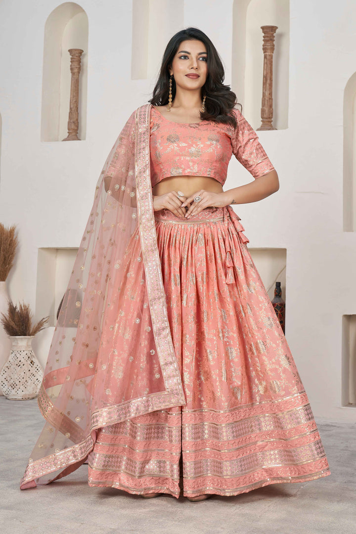 Beautiful Peach Zari Work Jacquard Reception Wear Lehenga Choli