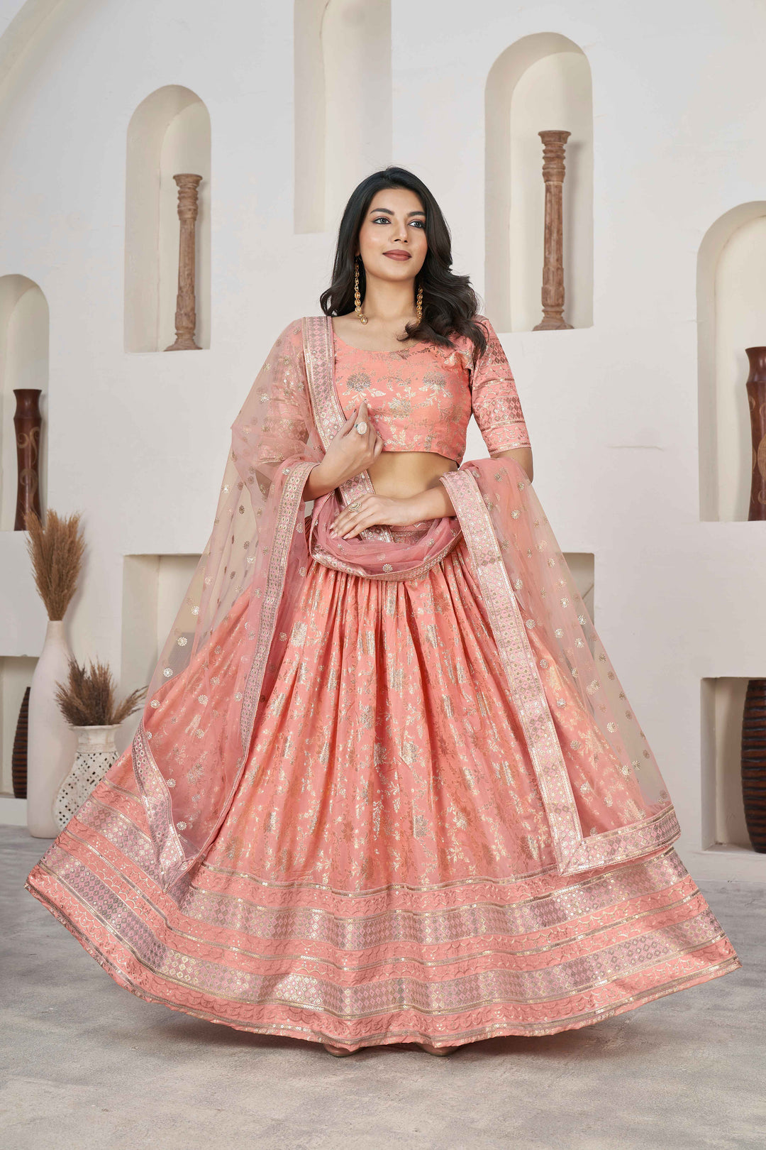 Beautiful Peach Zari Work Jacquard Reception Wear Lehenga Choli