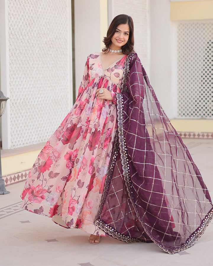 Purple-Pink Color Floral Embroidered Alia Cut Gown With Dupatta  - By Qivii