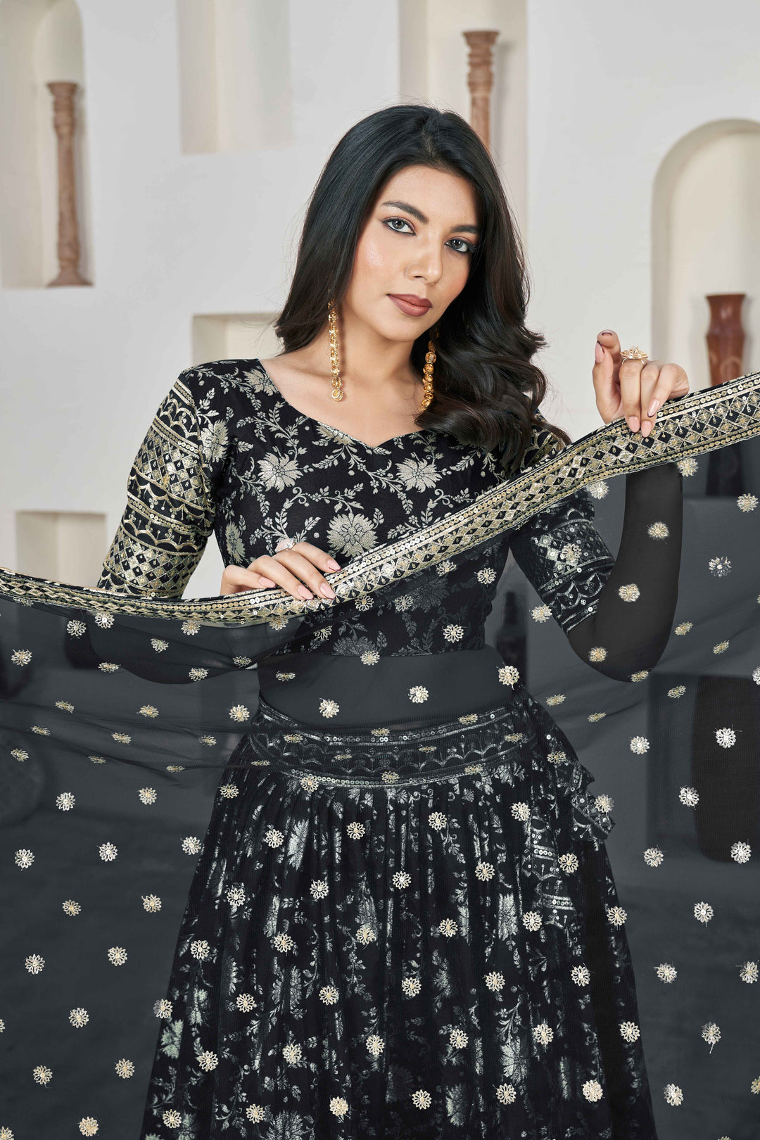 Beautiful Black Zari Work Jacquard Reception Wear Lehenga Choli