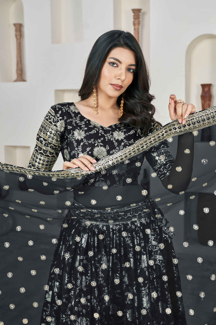 Beautiful Black Zari Work Jacquard Reception Wear Lehenga Choli