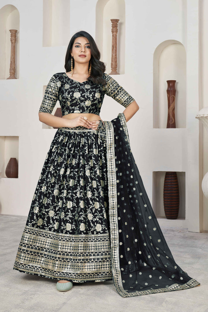 Beautiful Black Zari Work Jacquard Reception Wear Lehenga Choli