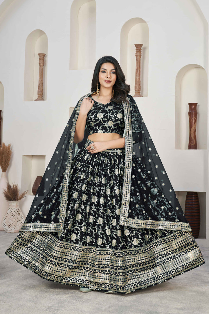 Beautiful Black Zari Work Jacquard Reception Wear Lehenga Choli