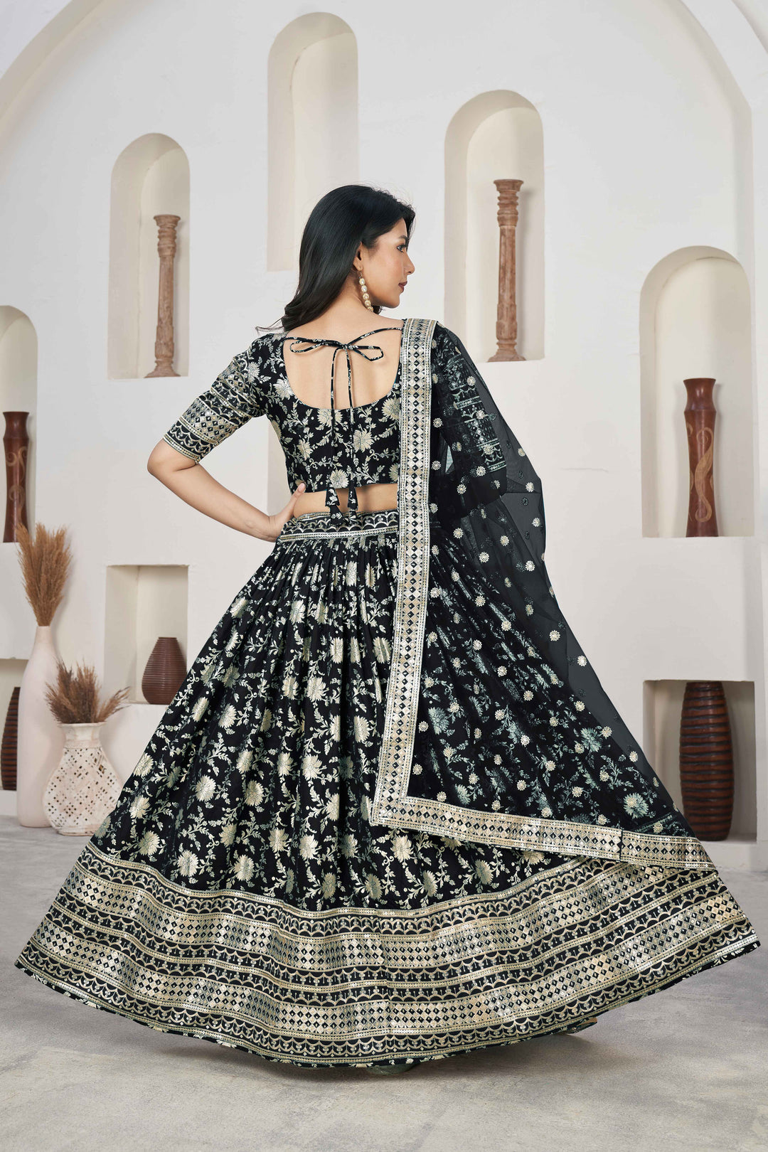 Beautiful Black Zari Work Jacquard Reception Wear Lehenga Choli