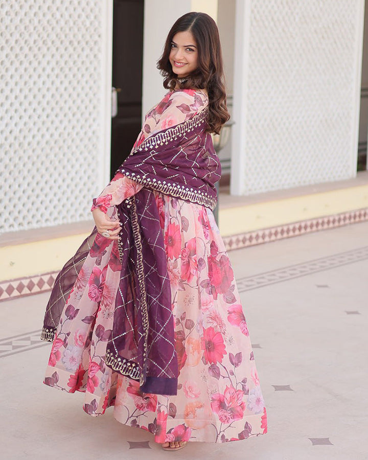 Purple-Pink Color Floral Embroidered Alia Cut Gown With Dupatta  - By Qivii