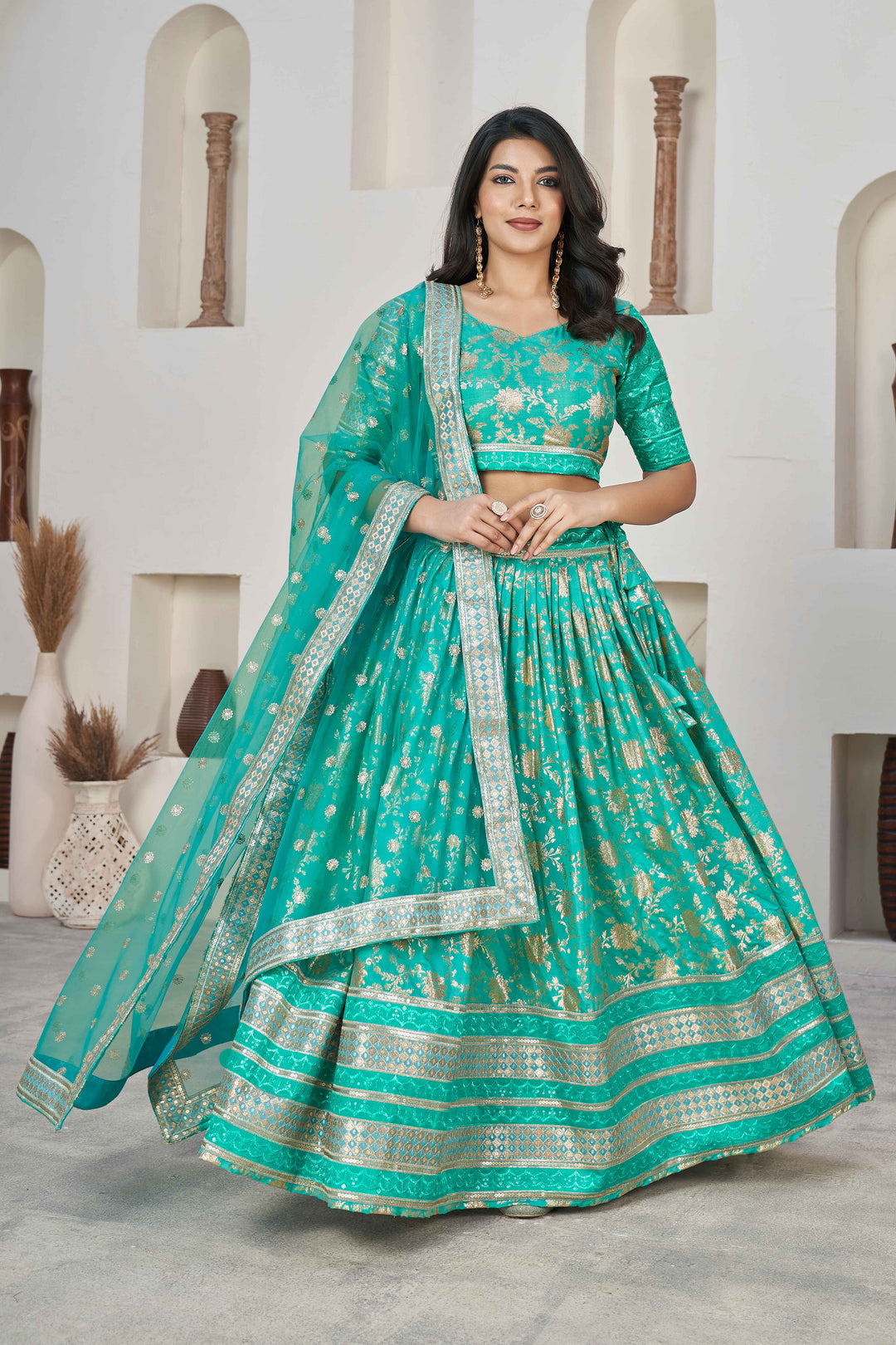 Beautiful Sea Green Zari Work Jacquard Reception Wear Lehenga Choli