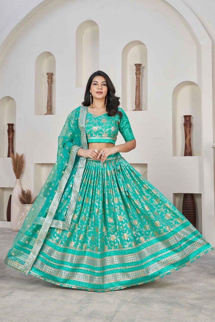 Beautiful Sea Green Zari Work Jacquard Reception Wear Lehenga Choli