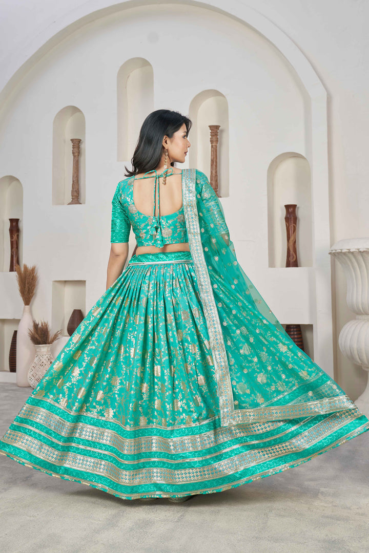 Beautiful Sea Green Zari Work Jacquard Reception Wear Lehenga Choli