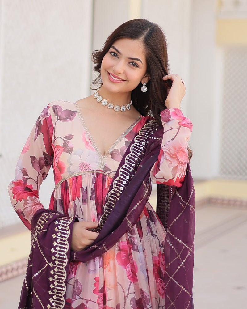 Purple-Pink Color Floral Embroidered Alia Cut Gown With Dupatta  - By Qivii