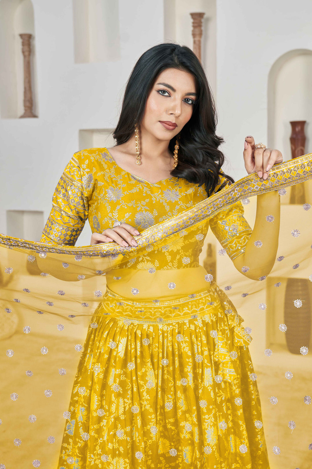 Beautiful Yellow Zari Work Jacquard Reception Wear Lehenga Choli