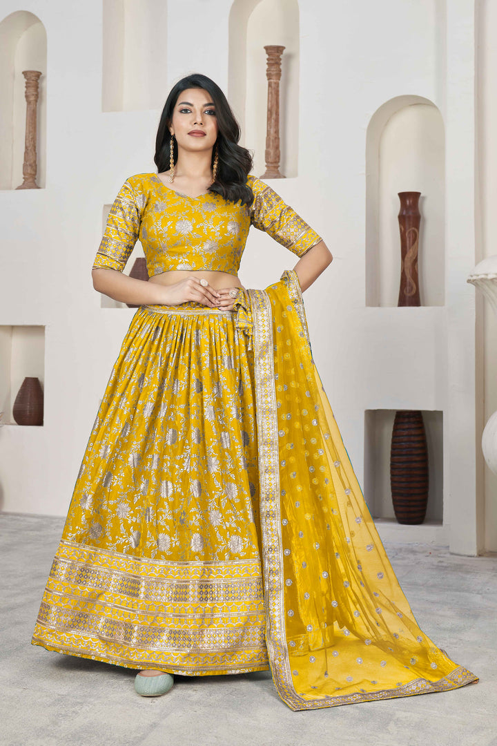 Beautiful Yellow Zari Work Jacquard Reception Wear Lehenga Choli