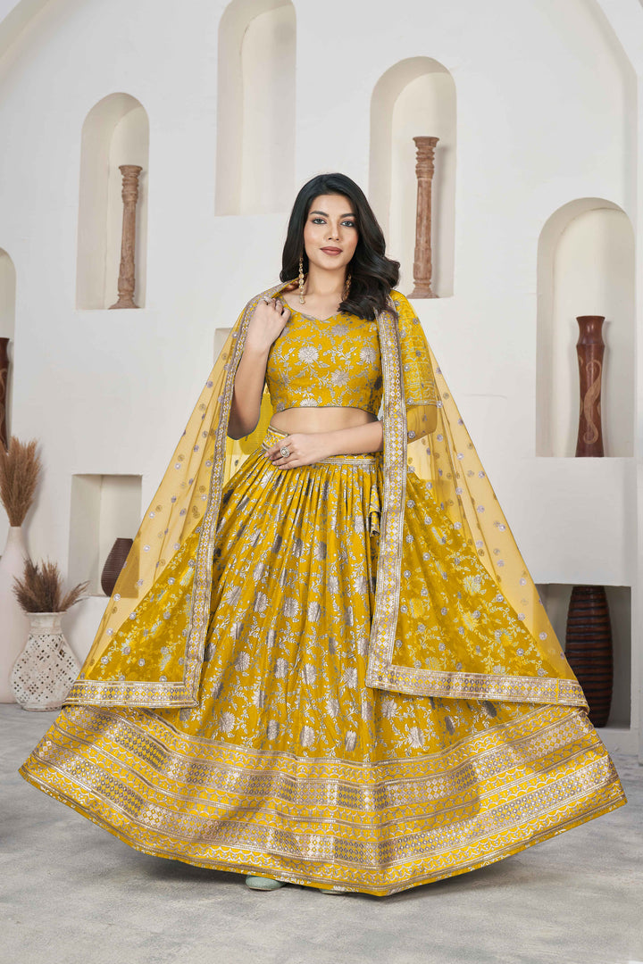 Beautiful Yellow Zari Work Jacquard Reception Wear Lehenga Choli