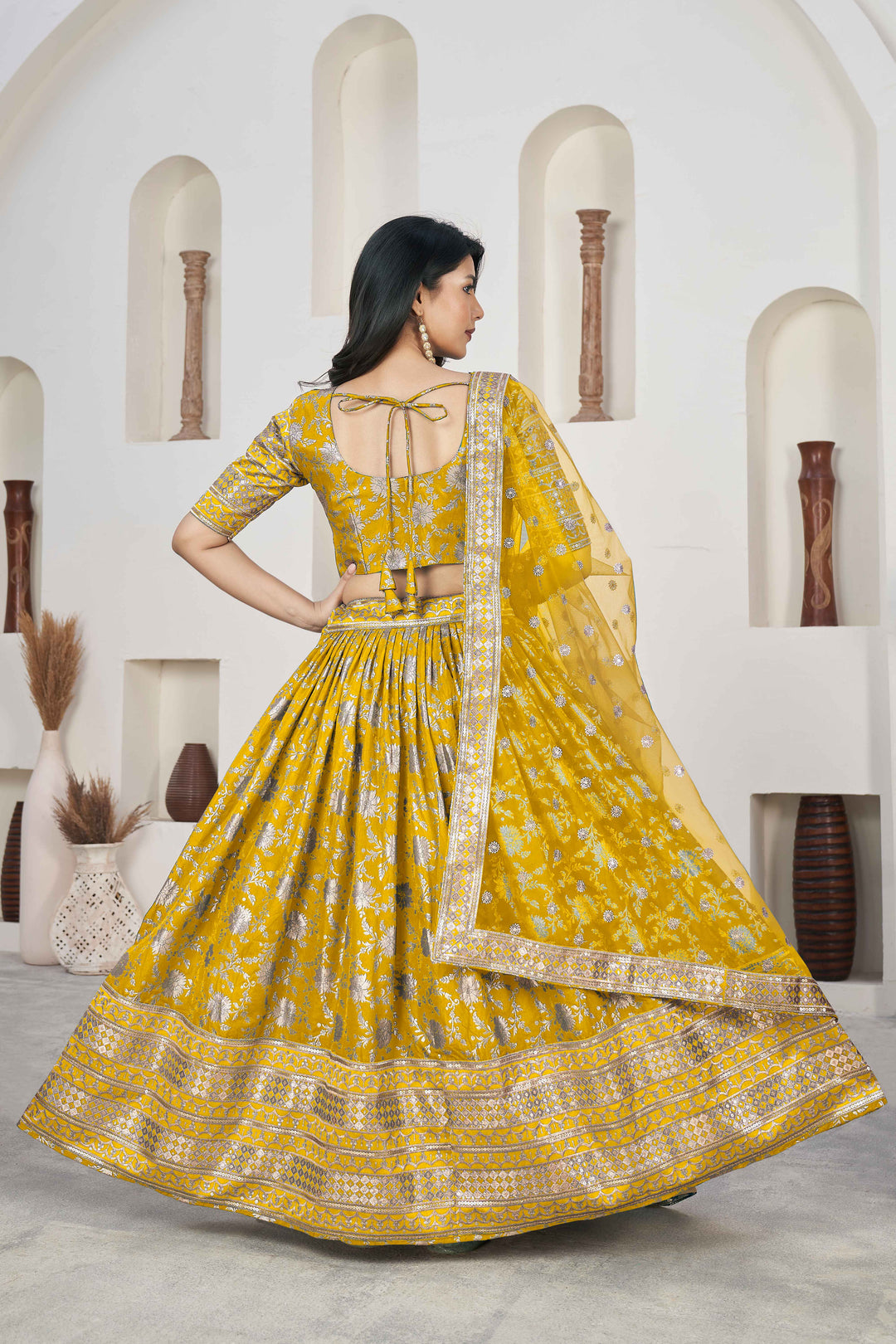 Beautiful Yellow Zari Work Jacquard Reception Wear Lehenga Choli