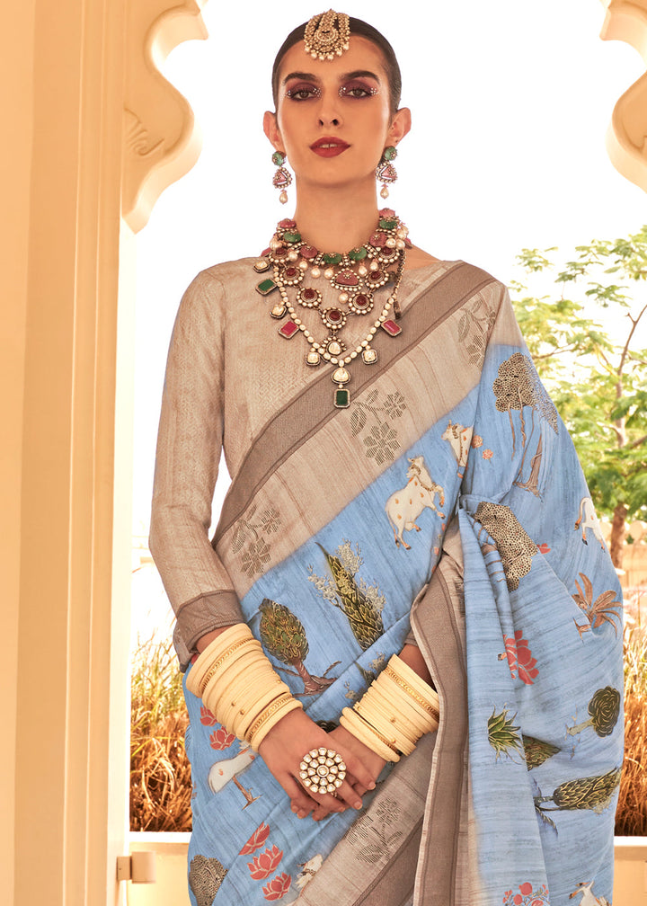 Elegant soft blue Khadi saree with traditional printed raw silk fabric