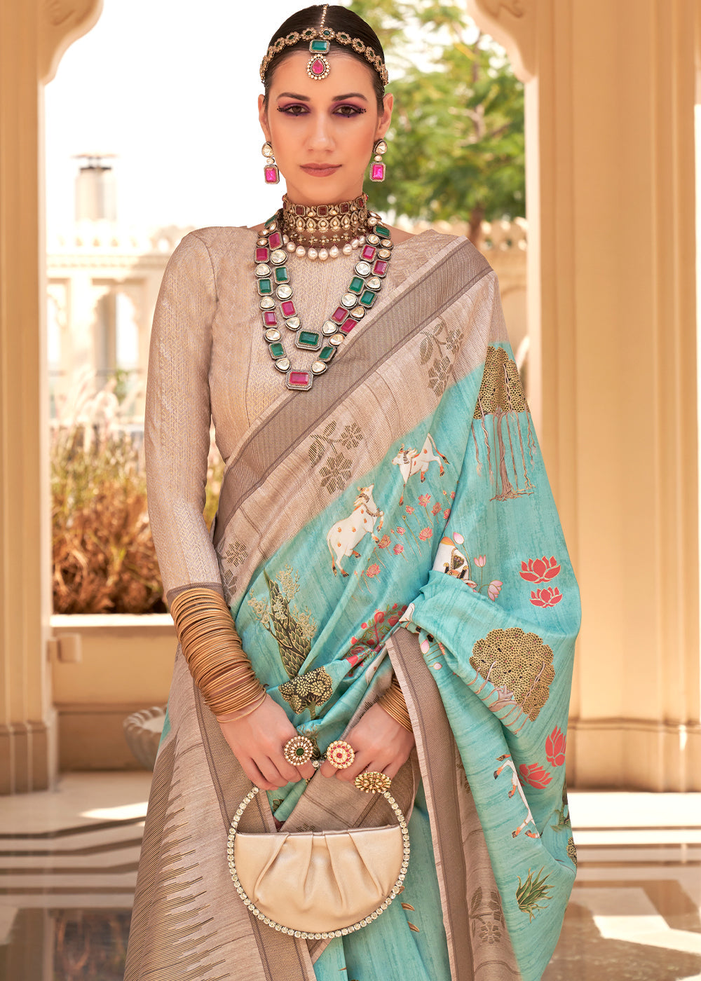 Elegant light sea green saree with raw silk fabric and khadi print