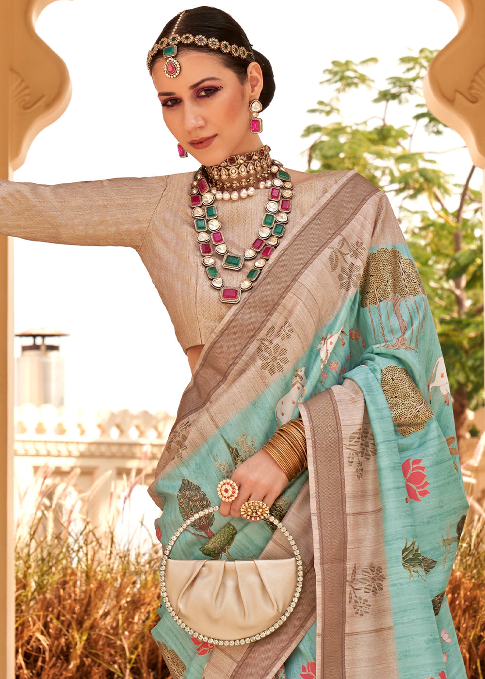 Light Sea Green Khadi Printed Raw Silk Saree