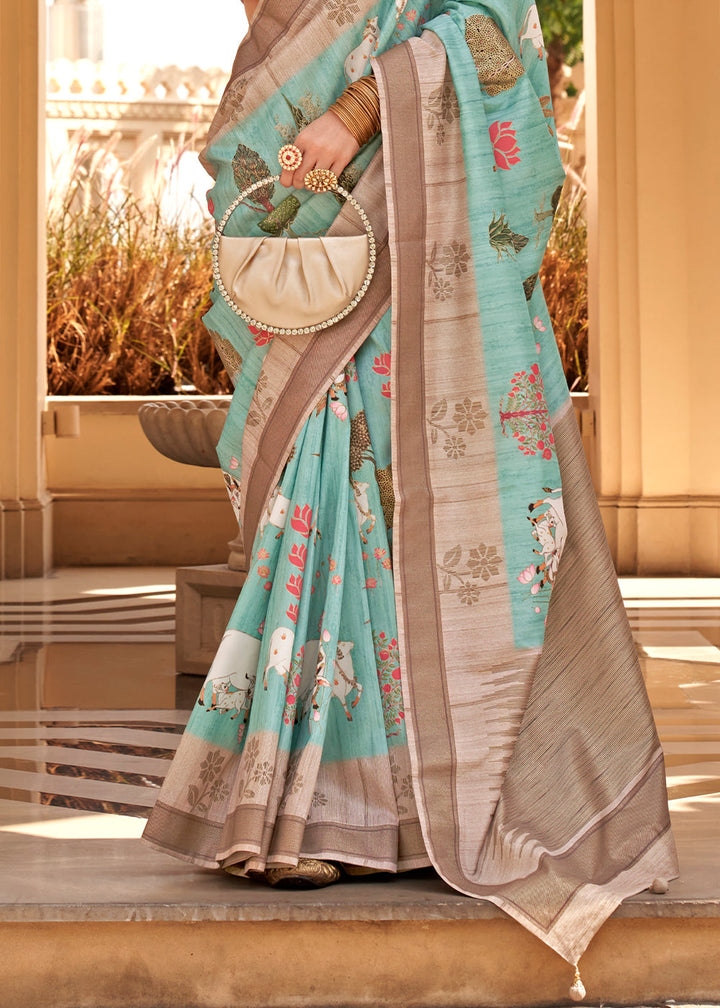 Raw silk saree in light sea green with intricate khadi print and elegant design