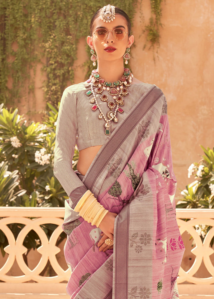 Elegant carmine pink saree with khadi print and raw silk material