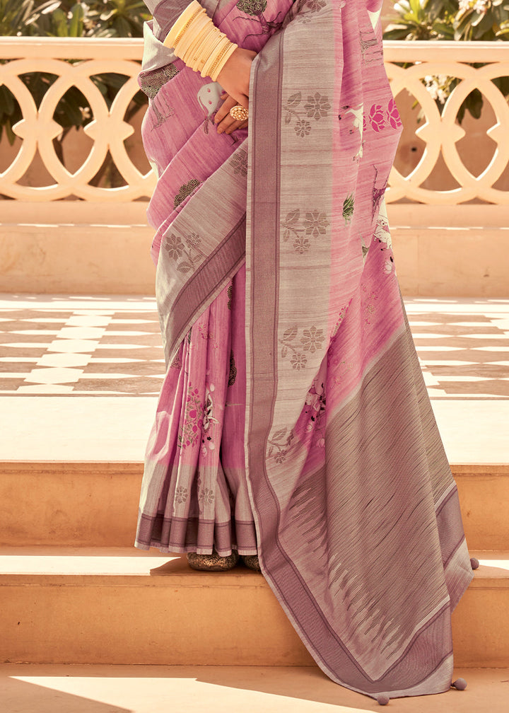 Carmine Pink Khadi Printed Raw Silk Saree with traditional Indian design