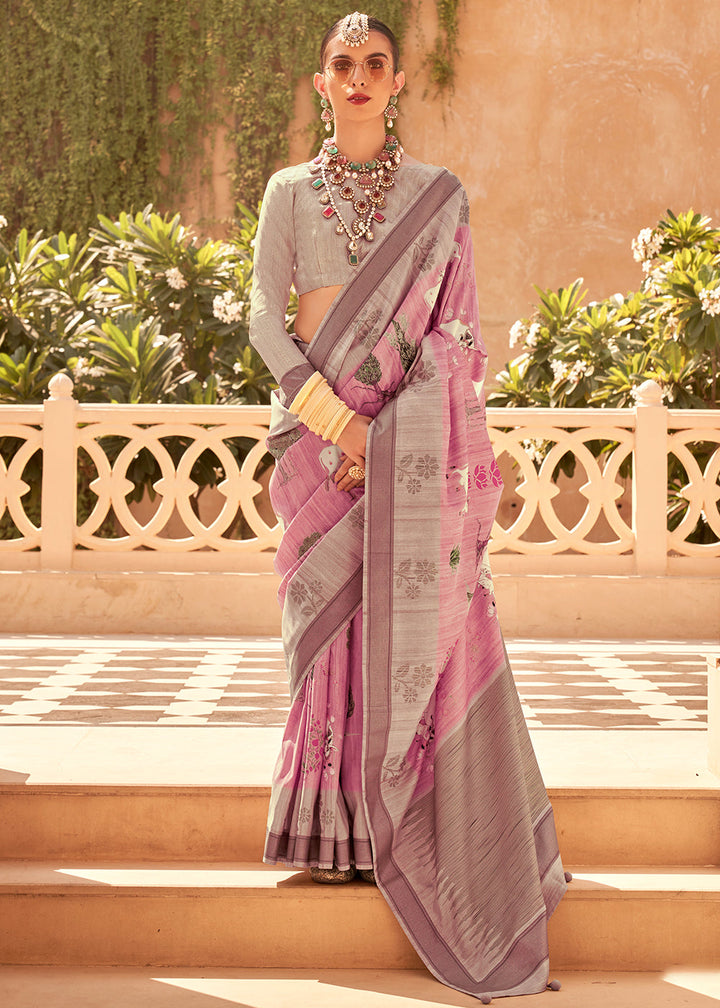 Carmine pink raw silk saree with intricate khadi print and gold border