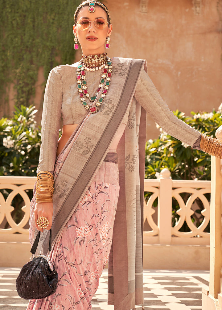 Beautiful light peach pink Khadi printed raw silk saree with intricate detailing