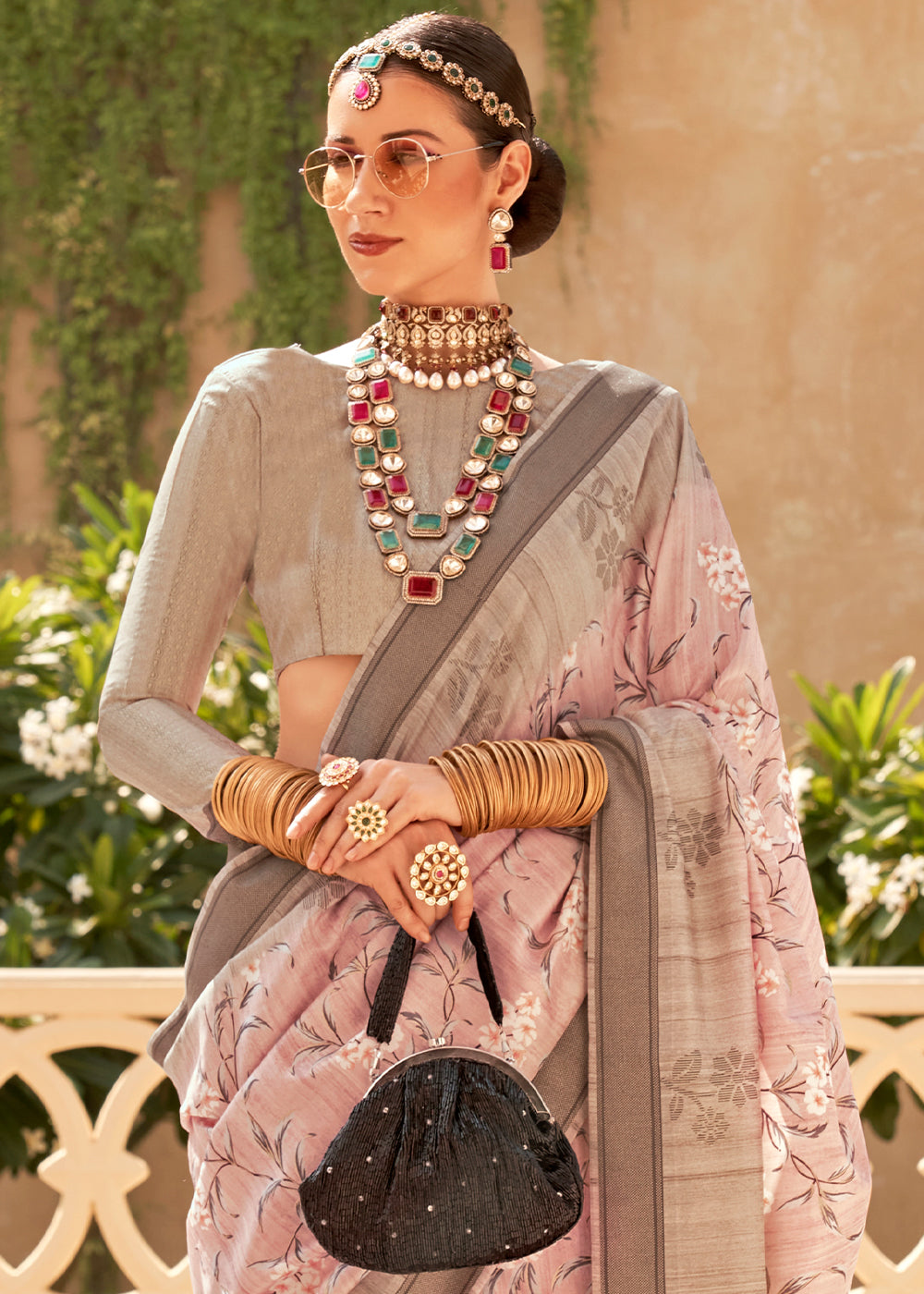 Close-up of Light Peach Pink Khadi Printed Raw Silk Saree fabric and texture