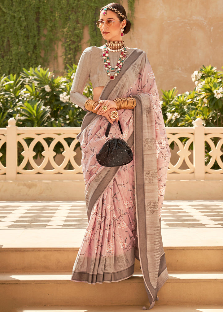 Light Peach Pink Khadi Printed Raw Silk Saree draped on a model at a garden wedding