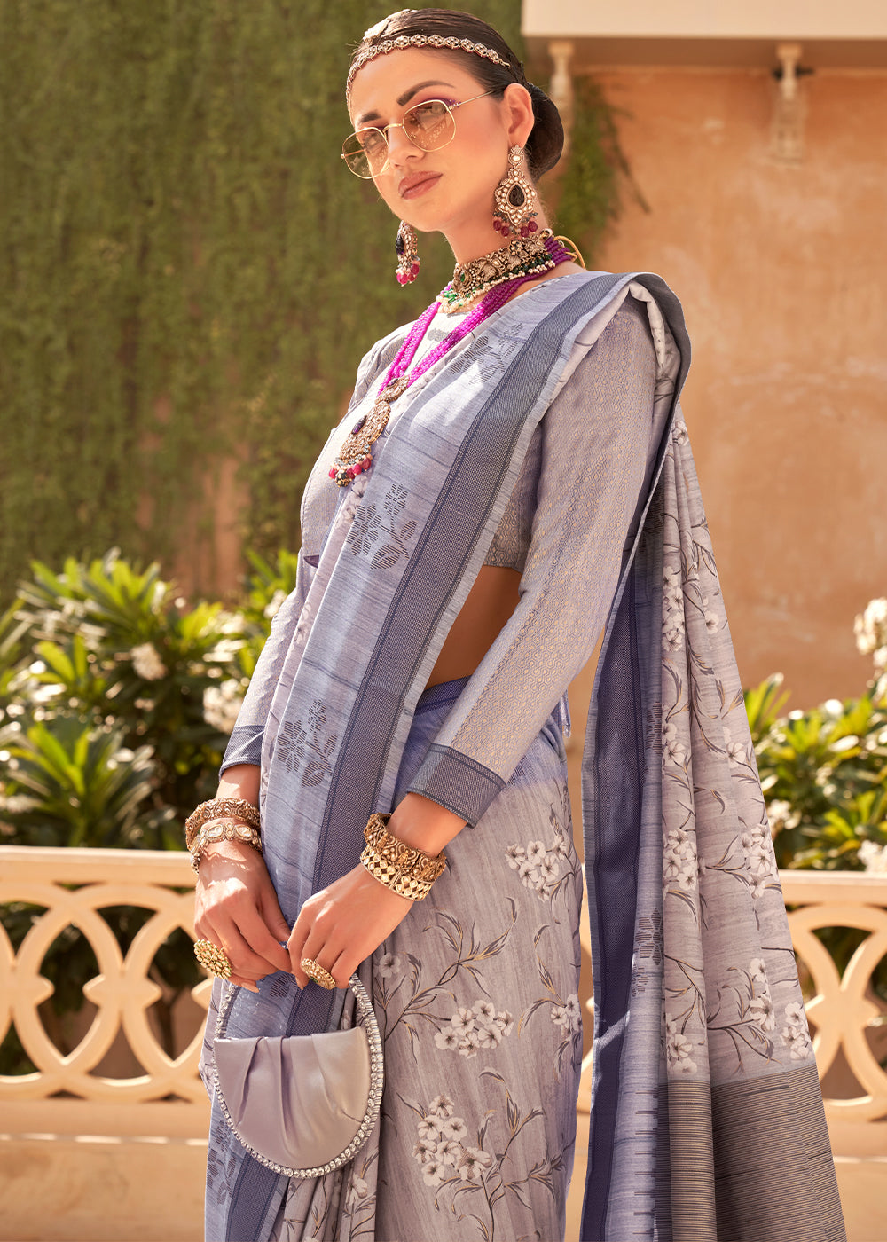  Elegant light blue Khadi printed raw silk saree with traditional Indian craftsmanship