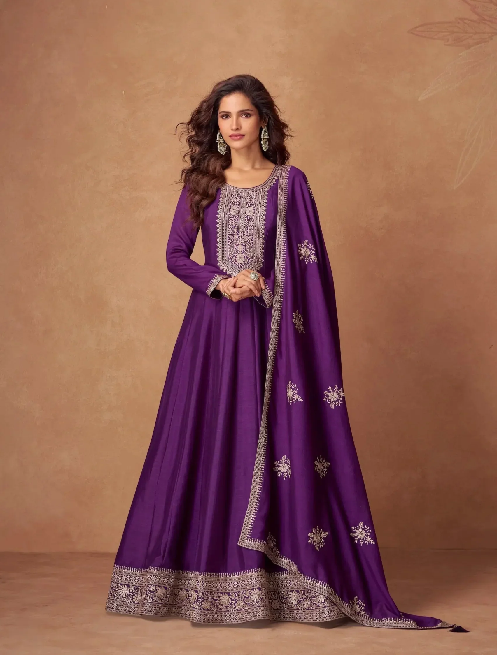 Purple Premium Silk Embroidery Work Gown - qivii