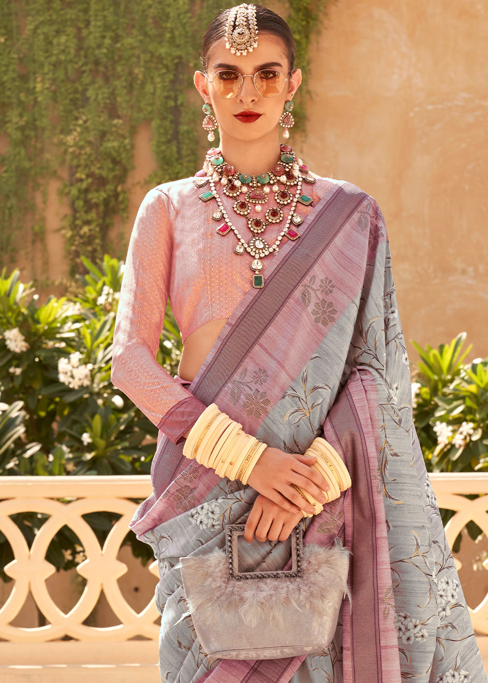 Elegant traditional Indian saree in grey and purple colors with khadi print