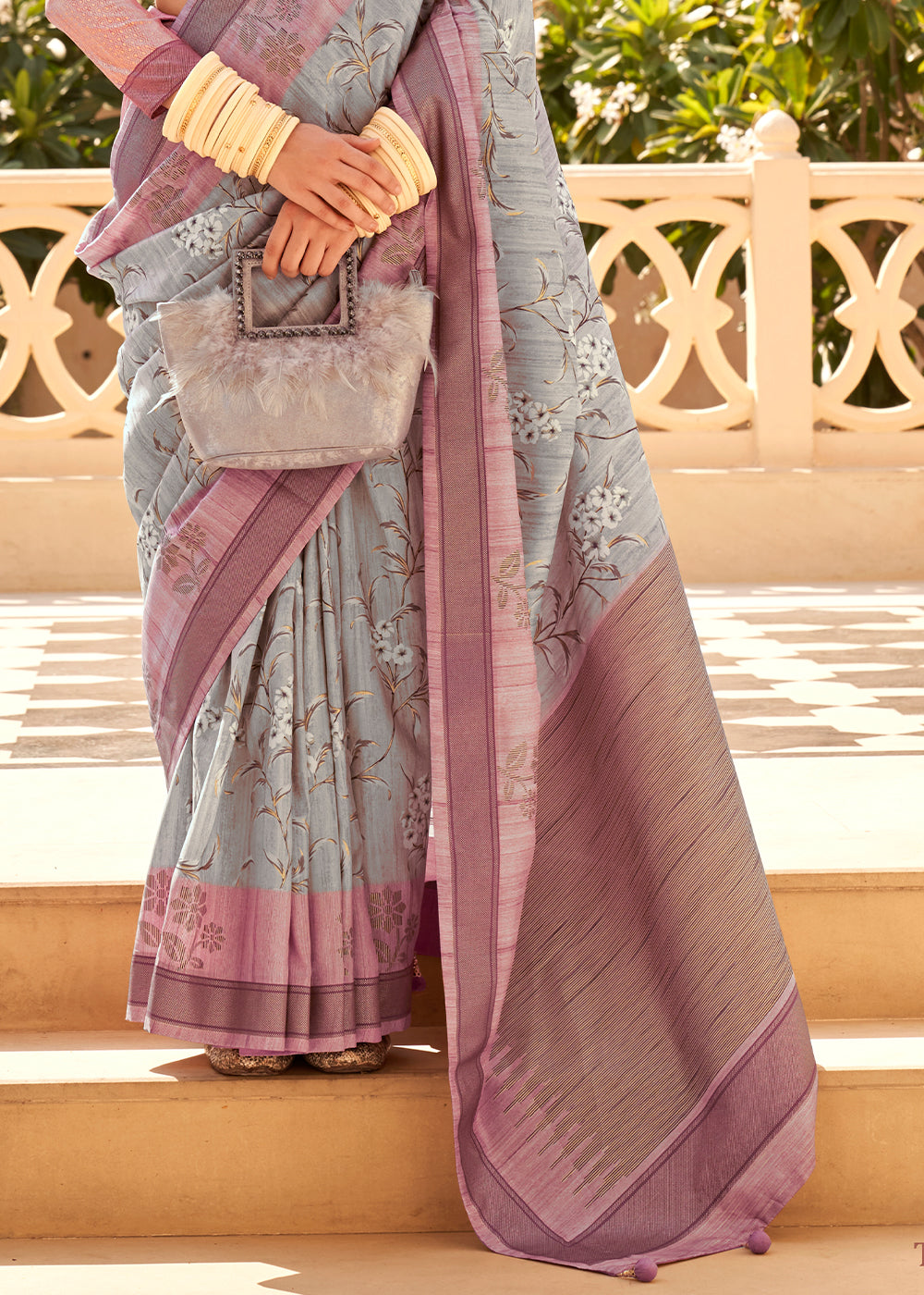 Beautiful grey and purple Khadi printed raw silk saree with intricate designs